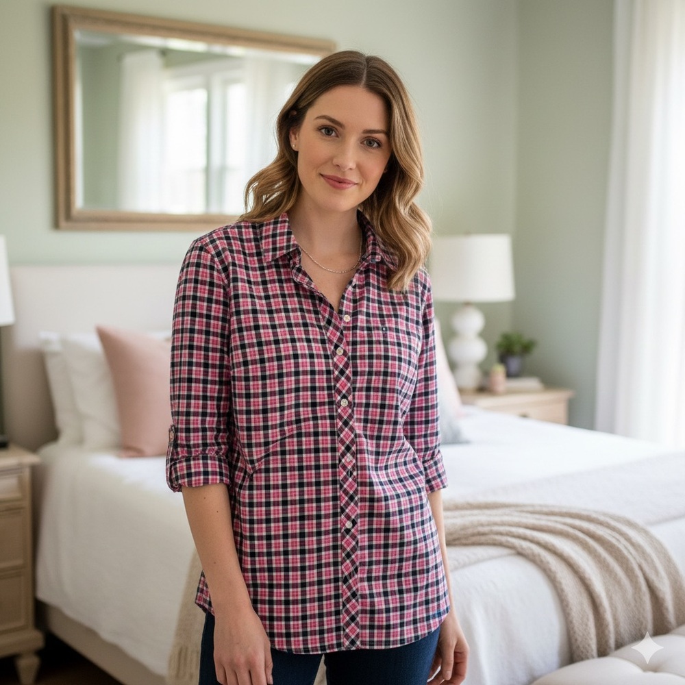 Talbots Pink and Navy Plaid Shirt 🩷